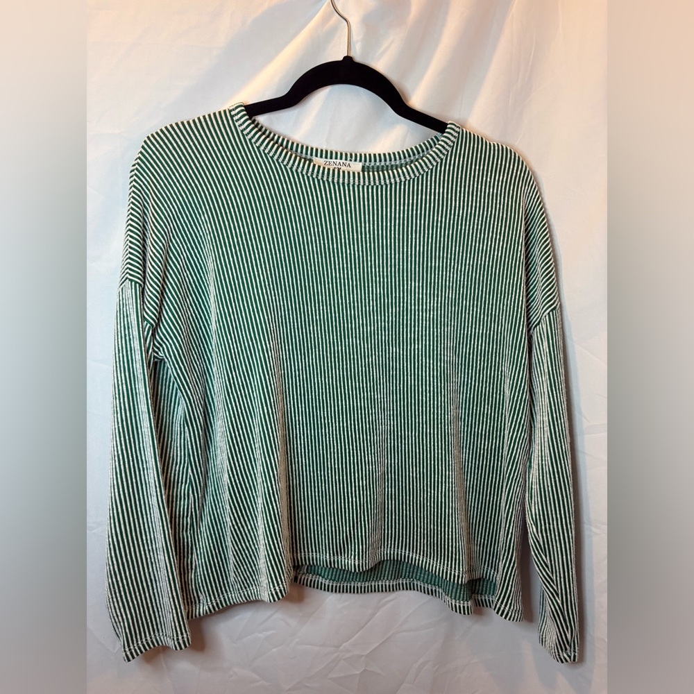 Zenana Outfitters Vertical Striped Green & White Pullover - Picture 1 of 4